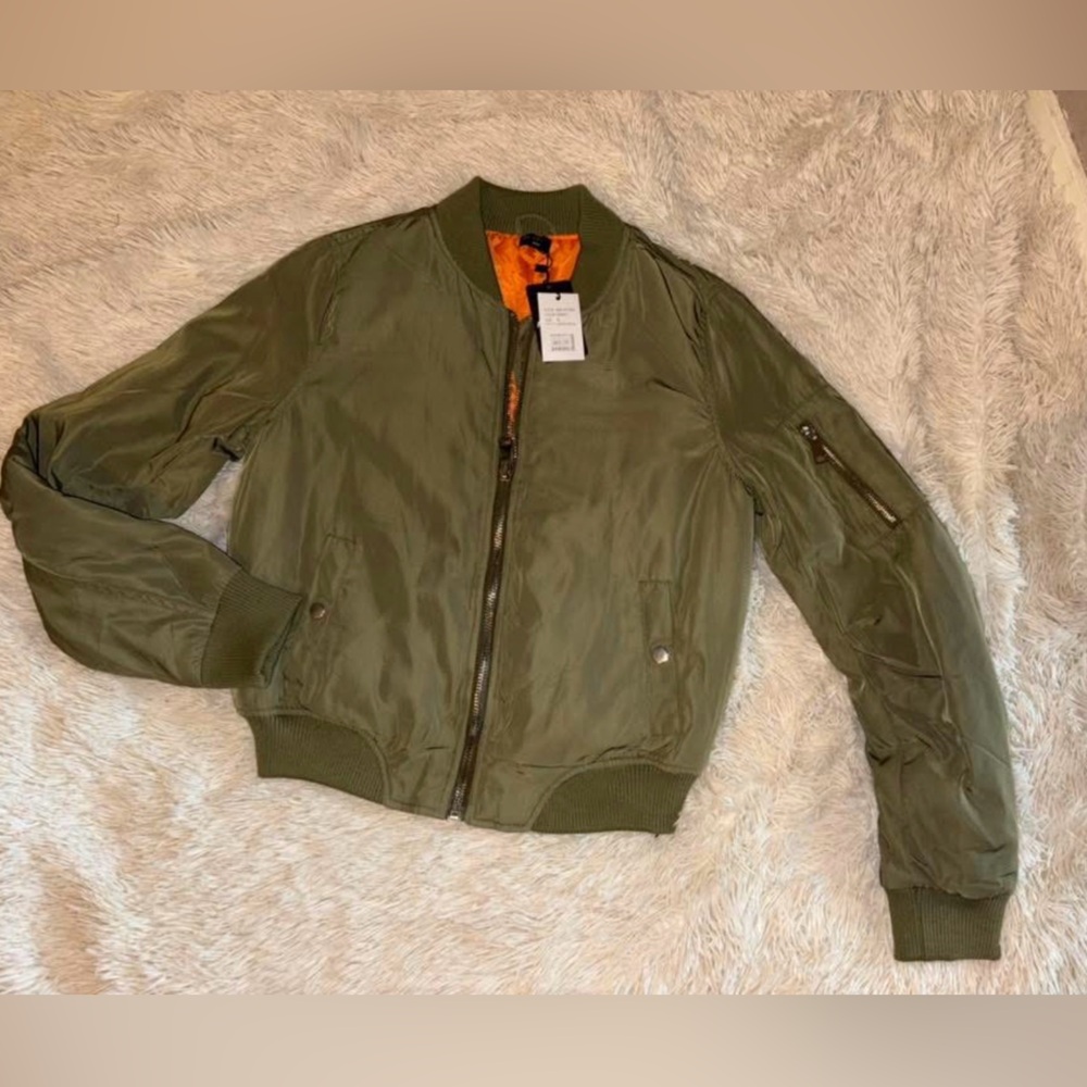Women’s Olive Green Bomber Jacket with Orange Lining